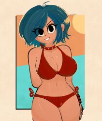 bikini bikini_bottom bikini_top choker ramona_flowers red_bikini scott_pilgrim smiling_at_viewer spiked_collar standing tapes