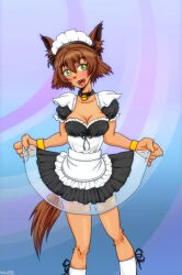 1girls accessory animal_ears animal_humanoid anthro bell_collar bishopbb blush brown_body brown_fur brown_hair canine canine_humanoid claws cleavage collar eyebrows fangs female female_only furry green_eyes hair happy lifting_skirt looking_away maid maid_headdress maid_uniform monster_girl monster_girl_(genre) monster_musume monster_musume_no_iru_nichijou open_mouth paws polt_(monster_musume) socks solo standing tagme tail tongue wristband