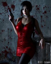 3d 3d_(artwork) ada_wong ada_wong_(adriana) black_choker black_stockings capcom female female_only keriwan posing_with_weapon red_dress resident_evil resident_evil_2 solo spy weapon_holster