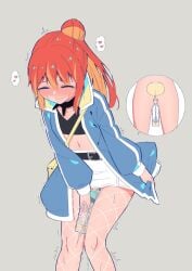 about_to_pee anxious belt blue_jacket fishnets have_to_pee need_to_pee nervous oc omorashi orange_hair original original_character panties peeing peeing_in_bottle peeing_in_cup peeing_into_container peeing_self ponytail rune_(artist) rune_(pixiv_25170019) watersports wet_panties wetting wetting_panties wetting_self white_panties white_skirt