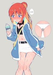 about_to_pee anxious belt blue_eyes blue_jacket blush embarrassed fishnets have_to_pee miniskirt need_to_pee oc omorashi orange_hair original original_character peeing peeing_self ponytail rune_(artist) rune_(pixiv_25170019) urine watersports white_skirt