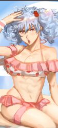 abs alter_ego alternate_costume ambiguous_gender ambush_(trap) beach bikini blush bo_song_syo breasts canon_crossdressing cleavage crossdressing curly_hair gintama gintoki_sakata hand_on_head looking_at_viewer makeup paako silver_hair sitting solo swimsuit thigh_strap twintails