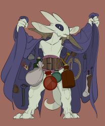 3_toes 4_fingers absurd_res barely_visible_genitalia belt_buckle belt_pouch big_collar big_ears black_eyes cape clothing dewclaw feet female fingers flashing genitals grey_body hi_res horn lizard pockets pupils reptile scalie solo tail toes tongue tongue_out white_pupils xenopera