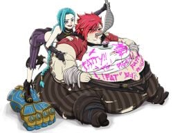 2girls bbw clothing commission_art fat feeding feeding_tube female female_only forced_feeding graffiti handwear human immobile jinx_(league_of_legends) league_of_legends multiple_girls pale_skin ssbbw tube_feeding vi weapon weight_gain