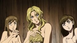 1boy 2022 2d 3girls blonde_hair blue_eyes british_female brown_eyes brown_hair cleavage european european_female female human human_female human_male human_only imminent_death indoors light-skinned_female medium_hair no_sex northern_european scared_expression screencap straight_hair vinland_saga wavy_hair