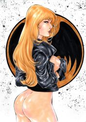 ass black_canary blonde_eyebrows blonde_female blonde_hair breasts bulging_breasts covering_breasts dc dc_comics dinah_lance ed_benes_studio female_ass gloves green_arrow_(series) hand_on_breast hand_on_own_breast jacket lanio_sena leather leather_gloves leather_jacket long_hair sideboob