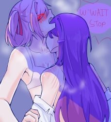 2girls asking_to_stop blushing doki_doki_literature_club english_text female female/female female_only kissing_neck multiple_girls natsuki_(doki_doki_literature_club) open_mouth pink_hair purple_hair scratches sweat sweatdrop text text_bubble white_bra white_shirt yuri yuri_(doki_doki_literature_club)