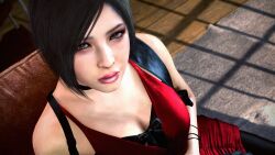 1girls 3d 3d_(artwork) ada_wong ada_wong_(adriana) big_breasts black_hair capcom female female_focus female_only ginkasu indoors inside light-skinned_female looking_at_viewer red_dress resident_evil resident_evil_2 resident_evil_2_remake short_hair stockings weapon_holster