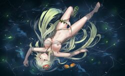 absurdres artist_request barefoot breasts clover_theater corpse death empty_eyes feet female female_death flower flower_on_head green_eyes hair_ornament highres long_hair nipples partially_submerged pussy rolling_eyes solo toes water