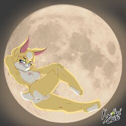 anthro anus ass blue_eyes breasts bright_light female fluffy fluffy_tail full_moon fur genitals kyubicat lagomorph leporid light long_ears mammal maryx_(senorkah) moon moonlight nipples nude pink_nose pussy rabbit senorkah simple_background solo ultra_rosa yellow_body yellow_fur