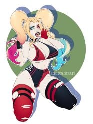 1girls batman_(series) big_breasts bimbo blonde_female breasts cleavage dc dc_comics female female_only harley_quinn kokobuttz large_breasts looking_at_viewer makeup multicolored_hair multiversus ripped_clothing simulated_fellatio skindentation thick_thighs twintails wide_hips