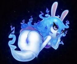 2022 anthro anus ass big_breasts blue_hair bottomless breasts cleavage clothed clothing derek_hetrick dress eyeshadow fangs female genitals ghost ghost_tail hair lagomorph leporid long_hair looking_at_viewer makeup mammal mario_(series) mario_+_rabbids mario_+_rabbids:_sparks_of_hope midnite_(mario_+_rabbids) nintendo open_mouth open_smile presenting presenting_hindquarters purple_eyes pussy rabbid rabbit raving_rabbids simple_background smile solo spirit ubisoft video_games