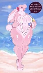 <3_eyes 1girls absurd_res anthro ball beach beach_ball belly big_breasts bikini blush breasts cheek_tuft chubby_female clothing curled_hair daisy_mae_(kyoriichi) dialogue ears_back english_text facial_tuft female fluffy fluffy_tail fur furry furry_only hair hand_on_breast heart hi_res inflatable kyoriichi lagomorph large_breasts leporid mammal neck_tuft nipple_outline nipples pink_body pink_fur pivoted_ears rabbit ribbons seaside slightly_chubby sling_bikini solo speech_bubble standing swimwear tail text thick_thighs tuft water wide_hips