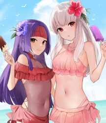 2girls alternate_costume bikini collarbone covered_navel female female_only fire_emblem fire_emblem:_path_of_radiance fire_emblem:_radiant_dawn fire_emblem:_three_houses flower food frilled_bikini frills hair_flower hair_ornament haru_(nakajou-28) headband hibiscus holding holding_food leotard long_hair looking_at_viewer lysithea_von_ordelia melting_popsicle multiple_girls navel nintendo pink_bikini pink_eyes pink_swimsuit popsicle purple_hair red_bikini red_flower red_headband red_swimsuit sanaki_kirsch_altina see-through see-through_leotard smile swimsuit very_long_hair white_hair yellow_eyes