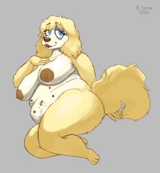 anthro areola ass belly big_areola big_breasts big_butt blue_eyes breasts canid canine canis chubby_female curvy_figure disney domestic_dog female fluffy fluffy_tail fur grey_background hi_res lady_and_the_tramp mammal mature_anthro mature_female multicolored_body multicolored_fur nipples nude peg_(lady_and_the_tramp) simple_background solo thick_thighs voluptuous wide_hips xmobile