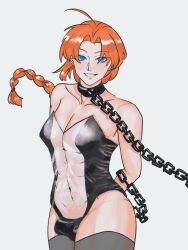 abs ahoge alternate_costume arms_behind_back blue_eyes blush braid braided_hair bulge chain chain_leash cleavage collar femboy femboy_with_breasts gintama kamui_(gintama) leotard long_hair looking_at_viewer male male_only orange_hair sarrasin single_braid slit_pupils smile solo thighhighs transparent_bunnysuit