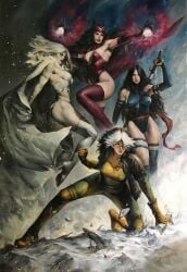 4girls anna_marie blonde_female blonde_hair brown_hair elizabeth_braddock emma_frost female female_only marvel marvel_comics multiple_girls psylocke puppeteer_lee purple_hair rogue_(x-men) scarlet_witch straight_hair thick_thighs thong wanda_maximoff white_queen white_streak x-men