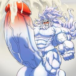 balls bara big_balls big_penis blush cum d_ron_r excessive_cum fate/grand_order fate_(series) gay hyper_balls hyper_penis male male_only muscles muscular orgasm penis solo solo_male sweaty white_body white_hair white_skin zeus_(fate) ろん