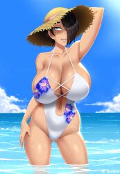 1girls beach big_breasts black_hair blue_eyes breasts busty curvaceous curvy curvy_body curvy_female curvy_figure female female_focus female_only hat heart_tan huge_breasts large_breasts original original_character saya_(twrlare) solo solo_female solo_focus swimsuit twrlare voluptuous