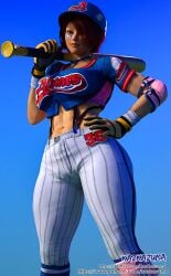 1girls 3d abs alternate_costume alternate_version_at_source alternate_version_available bare_midriff baseball_bat baseball_helmet baseball_uniform blue_helmet elbow_pads face_markings female gloves hair_over_one_eye helmet kazkazuma kazkazuma7 king_of_fighters king_of_fighters_all_stars muscular muscular_female navel pink_elbow_pads red_hair short_hair solo solo_female standing tan-skinned_female tan_skin vanessa_(kof) yellow_gloves