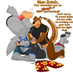 anal anthro ass balls blush bottomless bottomwear canid canine canis clothed clothing dialogue duo genitals heart lutrine male male/male mammal massage mustelid notkastar partially_clothed pecs penis shirt shorts speedo swimwear text topwear underwear underwear_down wolf zatch_(notkastar)