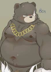 2022 absurd_res anthro belly ben_(zenless_zone_zero) ben_bigger big_belly blush bottomwear clothing genitals hi_res humanoid_hands kemono male male_only mammal moobs navel nipples overweight overweight_male pants penis scar simple_background solo st_storynode ursid zenless_zone_zero