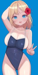 :d arm_behind_head ass_visible_through_thighs bare_arms bare_shoulders blonde_female blonde_hair blue_background blue_eyes blue_swimsuit blush breasts bursting_breasts cameltoe competition_school_swimsuit covered_navel cowboy_shot female flower hair_flower hair_ornament highleg highleg_swimsuit highres hololive hololive_english hololive_myth large_breasts looking_at_viewer medium_hair one-piece_swimsuit rose_neru school_swimsuit simple_background smile solo swimsuit teeth thigh_gap undersized_clothes upper_teeth virtual_youtuber w watson_amelia