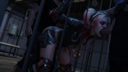 1girls 2boys 3d ambiguous_penetration animated batman_(series) bent_over blonde_hair blowjob bouncing_ass bouncing_breasts breasts_out dc dc_comics erection eyeshadow faceless_male facepaint fellatio female from_behind goggles_on_head hand_on_head harley_quinn harley_quinn_(injustice) huge_cock injustice_2 irrumatio leather_jacket lipstick loop male nipples no_sound oral partially_clothed penis police police_uniform prison prison_cell prison_rape prisoner rape sex short_loop spitroast straight threesome twintails video zynotheum