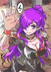 1girls breasts choker cleavage female female_only fire_emblem fire_emblem:_three_houses fire_emblem_warriors:_three_hopes from_above hair_over_one_eye long_hair nintendo outdoors purple_eyes purple_hair shez_(female)_(fire_emblem) shez_(fire_emblem) smile solo violet_migu18 waving