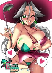 1girls apron big_breasts bikini blush busty earrings emy_(sasatseng) female female_only green_eyes grey_hair heart long_hair looking_at_viewer sasatseng smiling_at_viewer solo solo_female thigh_gap very_high_resolution wardrobe_malfunction wink winking_at_viewer witch witch_hat