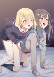 2boys all_fours anal anal_sex bangs bar_censor black_skirt blonde_hair blonde_hair_on_brown_hair blonde_hair_top blonde_haired_crossdresser_(hokuro_ryuuseigun) blue_neckerchief blue_sailor_collar blush bow bowtie bright_pupils brown_eyes brown_hair brown_hair_bottom brown_haired_crossdresser_(hokuro_ryuuseigun) censored clothed_sex clothes_lift collared_shirt crossdressing doggy_style domination erection femboy foreskin gay green_eyes highres hokuro_ryuuseigun human intact josou_seme kneehighs light_hair_on_dark_hair long_hair_male male male_only multiple_boys neckerchief noseless open_mouth original otoko_no_ko partially_retracted_foreskin penis pleated_skirt red_bow red_bowtie sailor_collar school_uniform sex shirt skirt skirt_lift sleeves_past_wrists small_penis smooth_penis socks sweat tongue tongue_out toony uncut white_pupils white_shirt yaoi