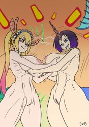 2girls almost_naked angry anythinggoes big_ass big_breasts big_nipples blonde_hair breast_squish breasts_bigger_than_head catfight color dnts duel edit elma_(dragon_maid) fighting_stance fire_eyes funny_background grabbing grabbing_breasts grinning horns huge_breasts imminent_fight imminent_sex maid_headdress miss_kobayashi's_dragon_maid multiple_girls muscular muscular_female purple_eyes purple_hair ribs scarf size_comparison tail thick_thighs tight_pussy tohru_(dragon_maid) yuri