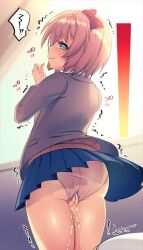 1girls bladder_gauge blue_eyes bow doki_doki_literature_club female just_sayori kakuume looking_back orange_hair peeing peeing_on_self peeing_self pissing_on_self red_bow sayori_(doki_doki_literature_club) school_uniform solo sweat sweating tears tears_in_eyes uniform urine