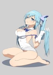 alternate_costume alternate_hairstyle aqua_(konosuba) barefoot blue_eyes blue_hair blue_ribbon bottomless breasts cleavage cosplay covered_navel dress dungeon_ni_deai_wo_motomeru_no_wa_machigatteiru_darou_ka feet female gloves grey_background hair_between_eyes hair_ornament hestia_(danmachi)_(cosplay) kneeling kono_subarashii_sekai_ni_shukufuku_wo! large_breasts legs long_hair looking_at_viewer pencil_dress rei_no_himo ribbon salpin simple_background smile solo toes torn_clothes twintails white_dress white_gloves