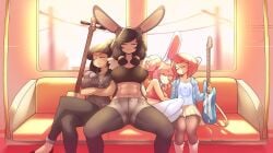 4girls abs adorable ass blue_hoodie boots breasts brown_hair bunny_ears bunny_girl cute cybernetic_arm cybernetics emi_(fizintine) eyes_closed family fit_female fiz fizintine flats glasses graphic_tee guitar guitarist happy hoodie lighting long_socks luna_(fizintine) midriff midriff_baring_shirt multiple_girls muscular muscular_female navel original pants petite pigtails pink_hair robotic_arm shikoke_(fizintine) short_hair short_shorts shorts skirt sleeping soft sunset t-shirt tagme tall tall_female thighhighs thighs tights train white_background white_hair white_legwear white_thighhighs wholesome