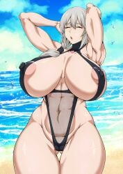 1girls arms_behind_head beach big_breasts breasts breasts busty closed_eyes closed_eyes curvaceous curvy curvy_body curvy_female curvy_figure female_only hands_behind_head huge_breasts large_breasts milf mojihe mother uzaki-chan_wa_asobitai! uzaki_tsuki voluptuous