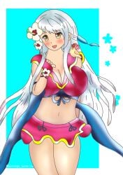 1girls alternate_costume baningu_bureivu bikini bikini_skirt blonde_female breasts cleavage female female_only fire_emblem fire_emblem:_radiant_dawn fire_emblem_heroes grey_hair hair_flower large_breasts long_hair micaiah_(fire_emblem) micaiah_(summer)_(fire_emblem) nintendo official_alternate_costume red_bikini red_swimsuit silver_hair solo swimsuit yellow_eyes