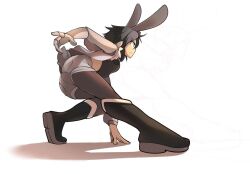 1girls angry angry_face ass black_hair boots breasts bunny_ears bunny_girl bunny_tail emi_(fizintine) female female_only fizintine knee_boots martial_arts midriff midriff_baring_shirt original robotic_arm short_shorts shorts soft solo solo_female tagme thighs tights white_background wholesome