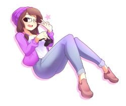 1girls ass beanie_hat black_eyes breasts cute fizintine fully_clothed glasses looking_at_viewer open_mouth peace_sign pose sfw soft tagme teeth thighs white_background wholesome wink