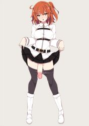 1futa ahoge balls belt big_penis black_legwear blush boots bottomless breasts buckle circumcised circumcised_futa circumcision_scar clothed clothing cumdrip curvy fate/grand_order fate_(series) flaccid fujimaru_ritsuka_(female) futa_only futanari gudako human intersex knee_boots large_penis light-skinned_futanari light_skin liquid looking_at_viewer medium_breasts mostly_clothed mutou_kurihito no_panties one_side_up open_mouth orange_hair panties_under_pantyhose panty_pull pantyhose pantyhose_pull penis penis_out penis_under_clothes penis_under_skirt precum scrunchie short_hair side_ponytail simple_background skirt skirt_lift solo standing third-party_edit uncensored underwear white_background white_footwear yellow_eyes