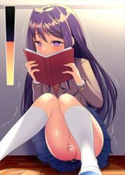 1girls bladder_gauge blue_skirt blush book censored doki_doki_literature_club female holding_book holding_object kakuume knee_socks kneehighs kneesocks no_panties peeing peeing_self pissing_on_self purple_eyes purple_hair school_uniform shaking skirt socks solo uniform urine uwabaki white_socks yuri_(doki_doki_literature_club)