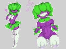 2d big_breasts big_thighs chomper_(pvz) fangs female female_only flora_fauna front_view green_hair heart jacksito_(artist) looking_at_viewer nipples plant plantie plants_vs_zombies pop_cap purple_skin pussy smile stains stockings text view