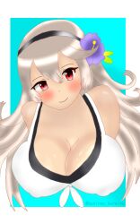 1girls alternate_costume baningu_bureivu bikini blonde_female breasts cleavage corrin_(fire_emblem) corrin_(fire_emblem)_(female) corrin_(summer)_(fire_emblem)_(female) covered_nipples female female_only fire_emblem fire_emblem_fates fire_emblem_heroes flower grey_hair hair_flower hairband large_breasts long_hair looking_at_viewer nintendo official_alternate_costume red_eyes silver_hair smile solo swimsuit upper_teeth white_bikini white_swimsuit