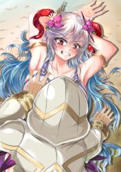 1girls 1other alternate_costume angry armpits arms_behind_head arms_up bare_midriff beach bikini blonde_female blue_hair breast_grab breast_squeeze breasts cleavage clenched_teeth fire_emblem fire_emblem_heroes freyja_(fire_emblem) freyja_(summer)_(fire_emblem) grey_hair groping horns kiran_(fire_emblem) large_breasts long_hair looking_down midriff nintendo ocean official_alternate_costume on_back outdoors pelvic_curtain pov questionable_consent red_eyes sand sweat swimsuit very_long_hair violet_migu18 water white_bikini white_swimsuit