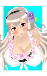 1girls alternate_costume baningu_bureivu bikini blonde_female breasts cleavage corrin_(fire_emblem) corrin_(fire_emblem)_(female) corrin_(summer)_(fire_emblem)_(female) covered_nipples female female_only fire_emblem fire_emblem_fates fire_emblem_heroes flower flower_necklace grey_hair hair_flower hairband large_breasts long_hair looking_at_viewer nintendo official_alternate_costume red_eyes silver_hair smile solo swimsuit upper_teeth white_bikini white_swimsuit