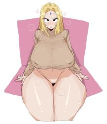 1girls big_breasts black_thong blonde_female blonde_hair blush breasts busty exposed_midriff exposed_navel female forehead_jewel forehead_mark huge_breasts large_breasts leebongchun looking_at_viewer mature_female midriff milf narrow_shoulders naruto naruto_(classic) naruto_(series) naruto_shippuden navel nipple_bulge nipples no_pants shounen_jump solo thick thick_thighs thong tsunade voluptuous wide_hips