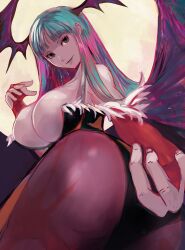 1girls ass bangs big_breasts blunt_bangs capcom clothing darkstalkers demon_wings female female_only green_eyes green_hair head_wings hi_res large_breasts leotard long_hair looking_at_viewer meke morrigan_aensland pantyhose pink_pantyhose smiling_at_viewer solo solo_female succubus wings