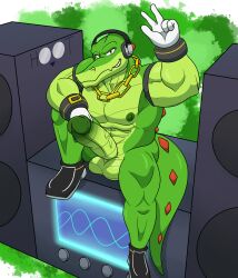 1boy abs absurd_res anthro artist_logo artist_name balls ballsack bara boombox chains clothing crocodile crocodilian crocodylid dg254 digital_media_(artwork) erect_penis erection foreskin foreskin_folds gay genitals gloves green_body handwear headphones hi_res hoot_(owl_logo) humanoid humanoid_genitalia humanoid_penis intact male male_nipples male_only masculine muscles muscular muscular_anthro muscular_male nude_male pecs penis reptile retracted_foreskin scalie scrotum sega simple_background smile solo sonic_(series) sonic_the_hedgehog_(series) testicles uncut vector_the_crocodile veiny_penis video_games