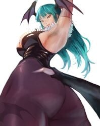 1girls armpit arms_behind_head ass bat_print capcom clothing darkstalkers demon_wings female female_only green_hair head_wings hi_res leotard long_hair looking_at_viewer medium_breasts meke morrigan_aensland narrowed_eyes pantyhose pink_lips purple_pantyhose smiling_at_viewer solo solo_female succubus viewed_from_below white_background wings yellow_eyes