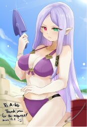 1girls alternate_costume bare_shoulders beach bikini breasts bucket_hat cleavage collarbone commission female female female_only fire_emblem fire_emblem:_the_binding_blade green_eyes hat heterochromia idunn_(fire_emblem) large_breasts light_purple_hair long_hair nintendo pointy_ears purple_bikini purple_eyes purple_swimsuit sand_castle sand_sculpture skeb_commission solo swimsuit trowel v-shaped_eyebrows very_long_hair wet yukia_(firstaid0)